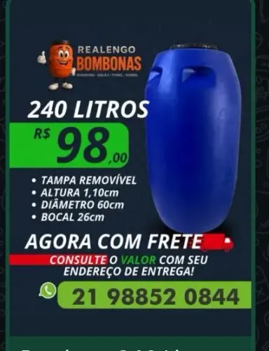 Bombona 240 Litros pra Água Gelo Ração Óleo Suco Obra, Bombonas,Galão,Tonel,Tambor,Barril