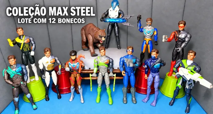 LOTE COLEÇÃO BONECOS MAX STEEL ANTIGOS MATTEL ORIGINAIS + URSO PARDO. (COMPLETO OU INDIV.)