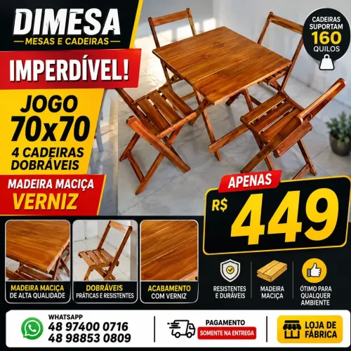 Kit mesa dobrável 70x70 com 4 cadeiras dobráveis acabamento verniz 