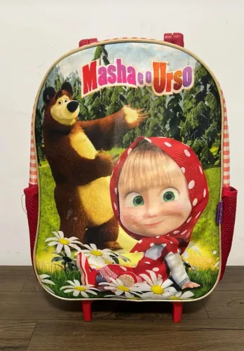 mochila de rodinha infantil masha e o urso vermelha 3d