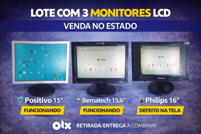 Lote com 3 Monitores LCD - Venda no Estado