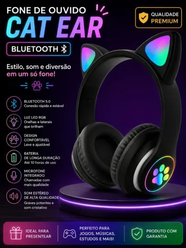 Fone De Ouvido Led Gatinho Para Jogos Ajustável e Dobrável