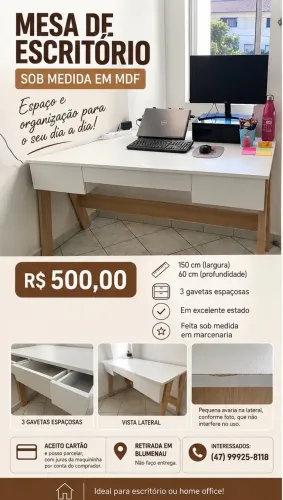 Mesa de Escritório 1,50 m em MDF com 3 Gavetas | Sob Medida