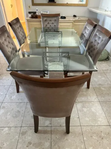 Jogo de Jantar com Mesa de Vidro 1,80 x 1,00 m e Pés em Travertino e ferro + 6 Cadeiras 