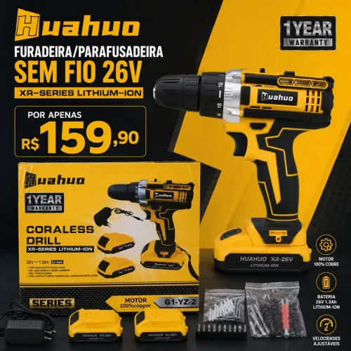 Kit Parafusadeira / Furadeira 26V Huahuo - 2 Baterias + Acessórios (NOVA)
