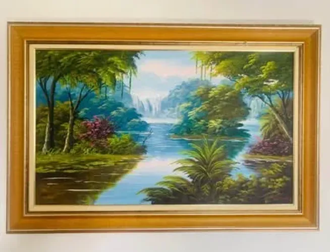 Quadro paisagem tropical pintado a mão