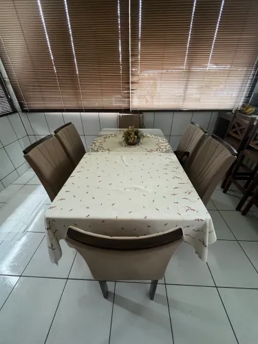 Conjunto sala de jantar mesa tampo de vidro / MDF 6 cadeiras Apogeu móveis lopas