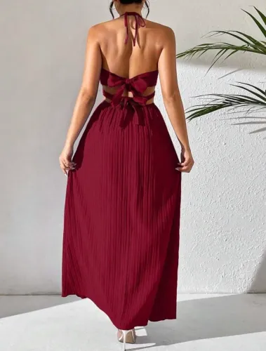 Vestido Longo Vermelho Borgonha de Modelo Sólido, Gola Halter, Vazado, com Fenda Alta