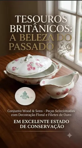 Conjunto Louça Inglesa Antiga Wood & Sons - Sopeira e Molheira Floral com Ouro