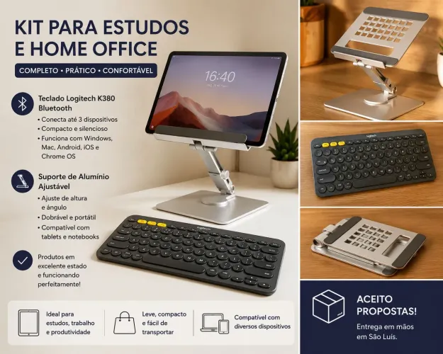 Kit Premium para Tablet | Logitech K380 + Suporte de Alumínio Ajustável | Excelente Estado