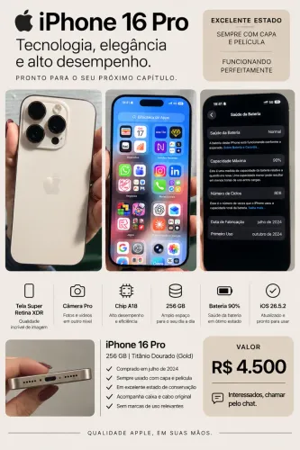 iPhone 16 Pro 256GB Titânio Dourado - Excelente Estado - R$ 4.500