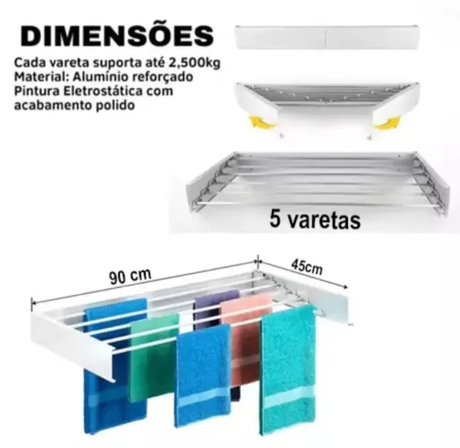 Varal retrátil 5 varas, suporta ate 2500kg cada uma