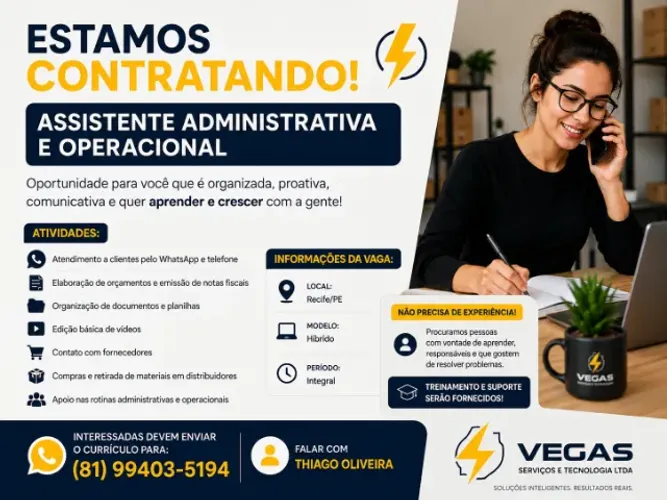 Assistente Administrativa e Operacional (Não precisa de experiência)