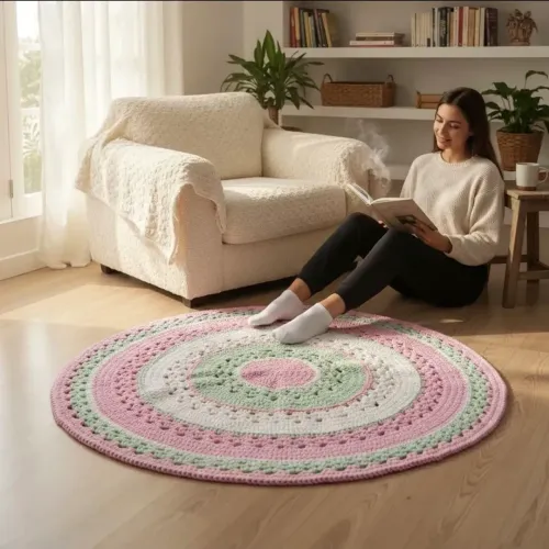 Tapete Redondo Artesanal Fio de Malha Crochê Rosa, Verde e Branco