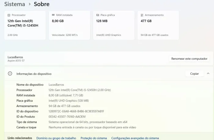 Notebook Acer I5 8gb 512 ssd