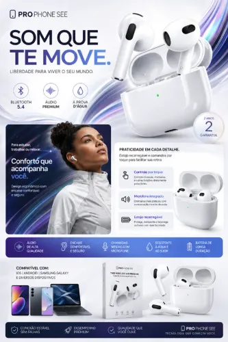 AIRPODS PRO CANCELAMENTO ANTI-RUIDO PROVA D ÁGUA IPHONE E ANDROID