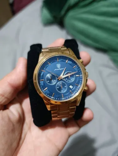 Relógio Poedagar rose gold cronógrafo fundo azul na caixa