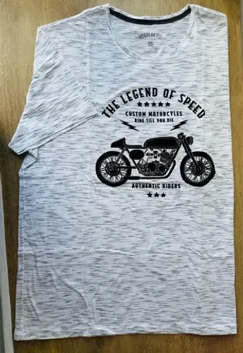 Camiseta tam:GG, estampa de moto aveludada - Branca e Preta