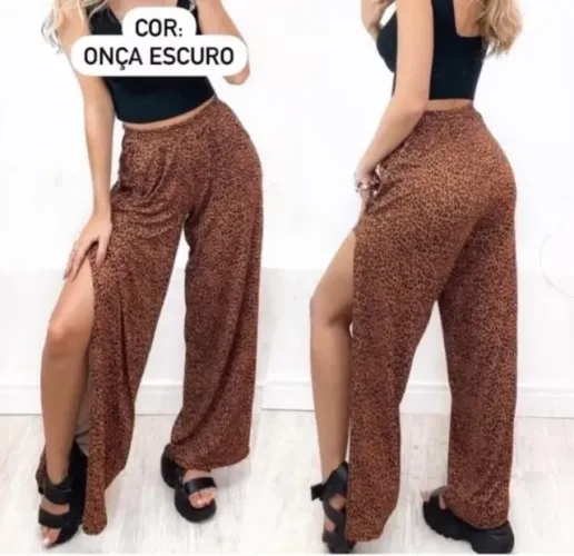 Calça Pantalona Animal Print - Onça - Com Fenda - Veste do M ao GG