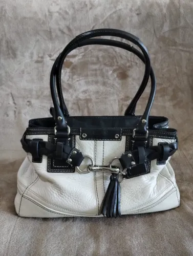 Bolsa de Couro Coach Branca e Preto