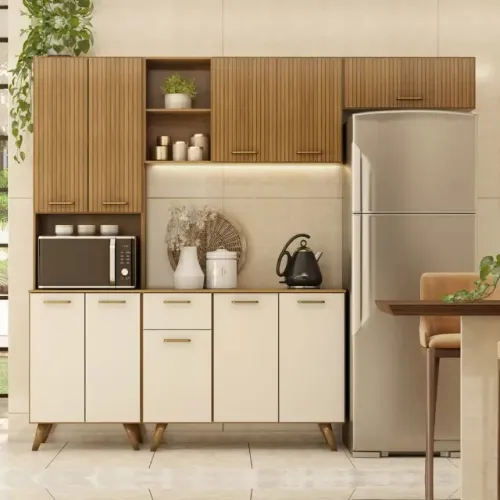 Armário Para Cozinha Olinda Modulada Carvalho Off White Detalhe Ripado Em 3D - Montagem Gr