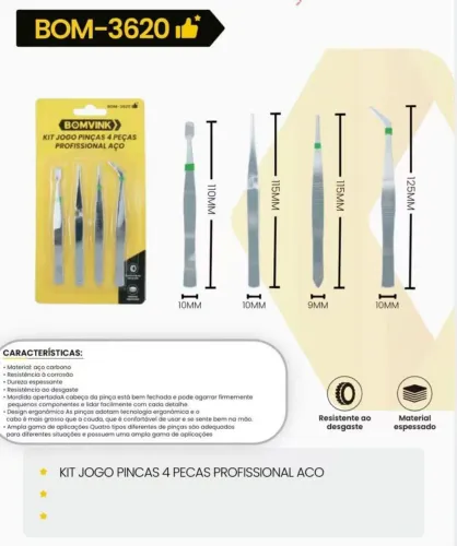 Kit Jogo Pinças 4 Peças Profissional Aço - BOM-3620