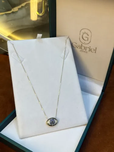 Cordão de ouro veneziana + pingente safira azul feminino