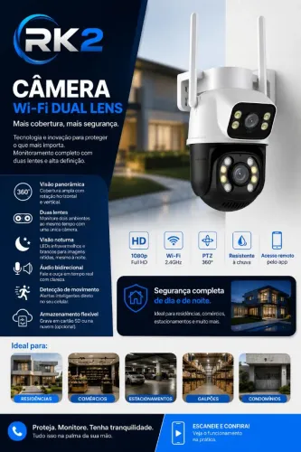 Câmera de Segurança, Dupla com Alarme, Detecção movimento, Wi-Fi 1080P Full HD