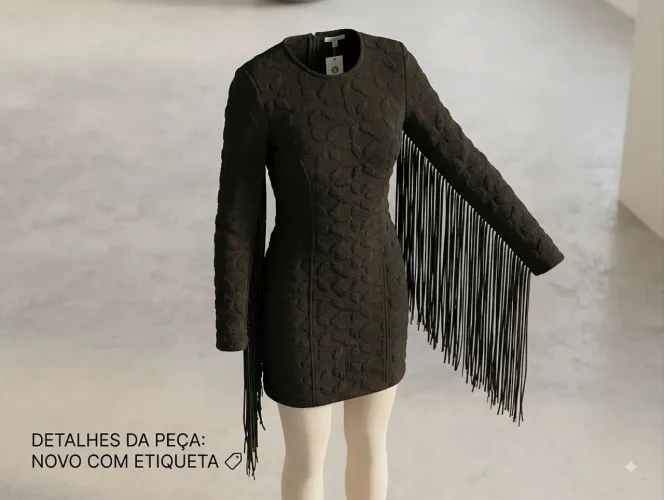 Vestido Preto Curto Manga Longa com Franjas - NOVO COM ETIQUETA