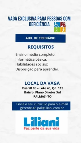 Vaga de emprego PCD crediarista 