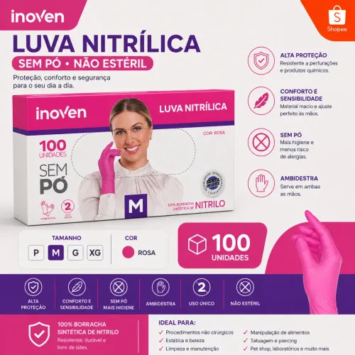? LUVA NITRÍLICA INOVEN ROSA - SEM PÓ | 100 UNIDADES ? TAMANHO: M (MÉDIO) ?
