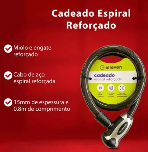 Cadeado tranca de bicicleta, espiral Reforçado, cabo de aço 15mm de espressura 0,8m de com