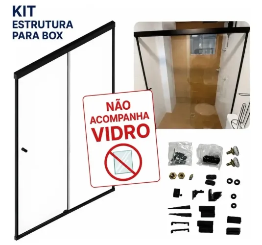 Kit Banheiro Box Perfil Alumínio Quadrado Reto Preto 1,20m