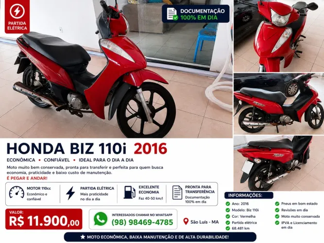 Honda Biz 110i 2016 | Partida Elétrica | Doc. em Dia | Excelente Estado