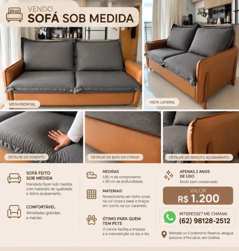 Sofá 3 lugares linho com courino