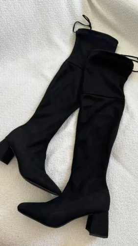 Bota cano alto salto bloco preto over the knee Satinato