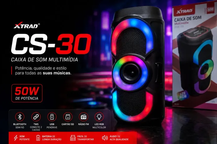 Caixa de Som Bluetooth XTRAD CS-30 50W RGB LED TWS FM USB SD Hi-Fi