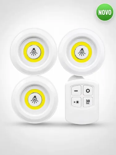 Kit 3 Luminárias LED COB sem Fio com Controle Remoto Iluminação Armário