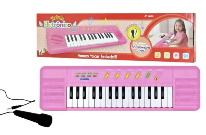 teclado musical rosa com 32 teclas + microfone 