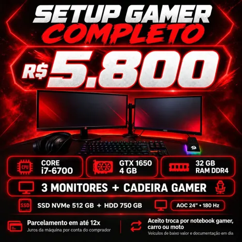 SETUP GAMER COMPLETO COM 3 MONITORES, GTX 1650, CORE i7, 32GB RAM E CADEIRA GAMER