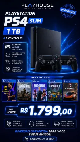 PS4 slim com jogos e 2 controles impecável