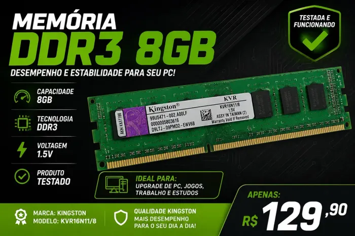 Memória RAM Kingston 8GB DDR3 1600MHz PC Desktop Testada