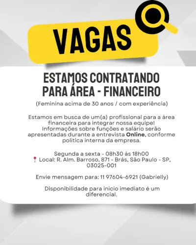 Vaga Financeiro - Mulheres acima de 30 anos