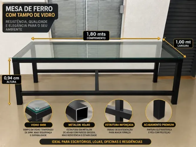 Mesa Bancada Industrial Reforçada Metalon + Vidro 1,80m