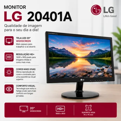Monitor LG LED Home & Office 20U401A-B Tela 20, HD+, LG Switch, Flicker Safe