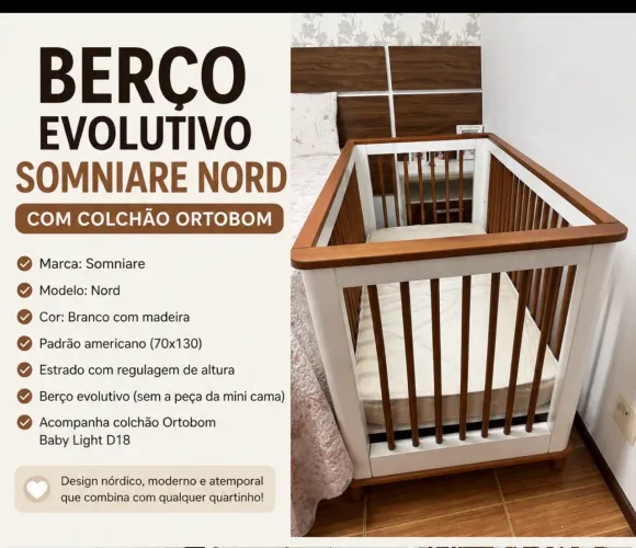 Berço Evolutivo Nord Somniare + Colchão Ortobom de Mdf /madeira maciça.