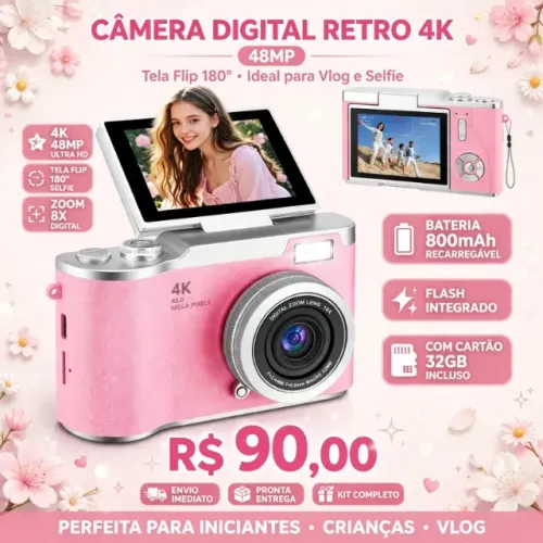 Câmera Digital Retro Ccd 4k Com 180° Tela Flip, Camera Fotografica Digital Recarregável