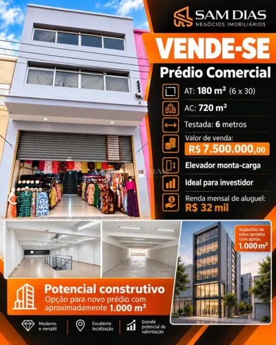 Venda predio comercial com AT 180 metros e AC 720 metros - Brás