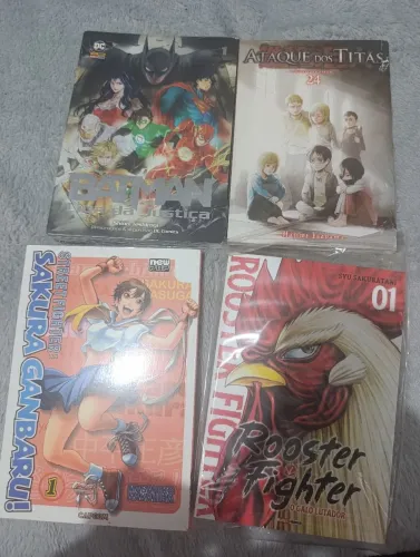 Lote 4 mangás / attack on titan / liga da justice vol.1/ street fighter / rooster fighter