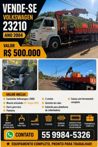 Caminhão VW 23210 com Munck articulado 35 T Argos e carroceria 8,5 mt